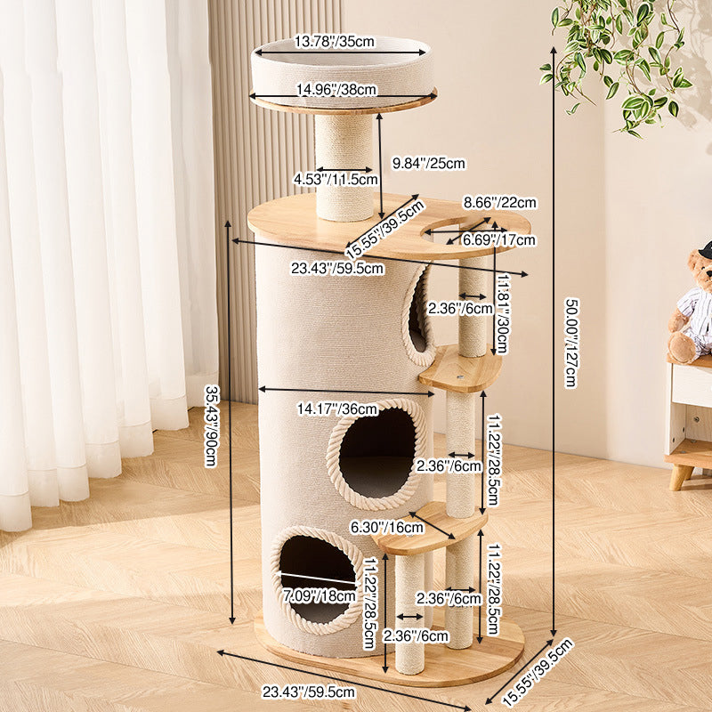 Contemporary Scandinavian Round Sisal Multi-Layer Solid Wood Panel Acrylic Cat Tree For Living Room