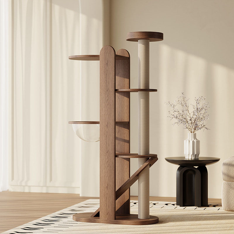Contemporary Creative Round Rubberwood Solid Wood Acrylic Sisal Cat Tree 4-Tier For Living Room