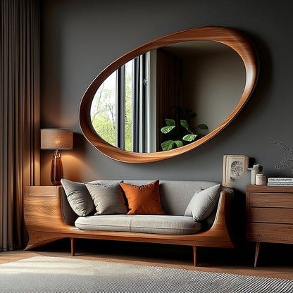 Traditional Vintage Oval Rubberwood Solid Wood Tempered Glass Wall Mirror For Bedroom