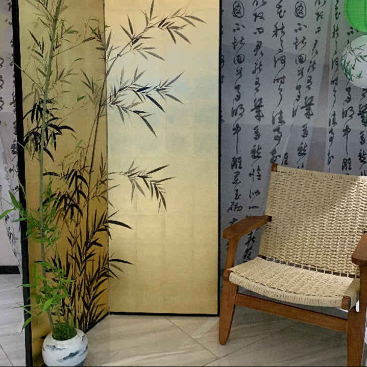 Traditional Chinese Rectangular Wood Plywood Gold Leaf Foldable Hand-Painted Room Divider For Living Room