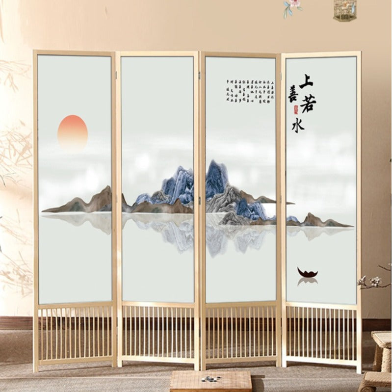 Traditional Chinese Rectangular Pine Wood PVC Panel Foldable Room Divider For Living Room