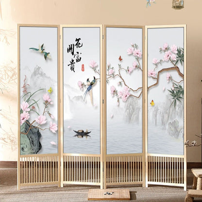 Traditional Chinese Rectangular Pine Wood PVC Panel Foldable Room Divider For Living Room