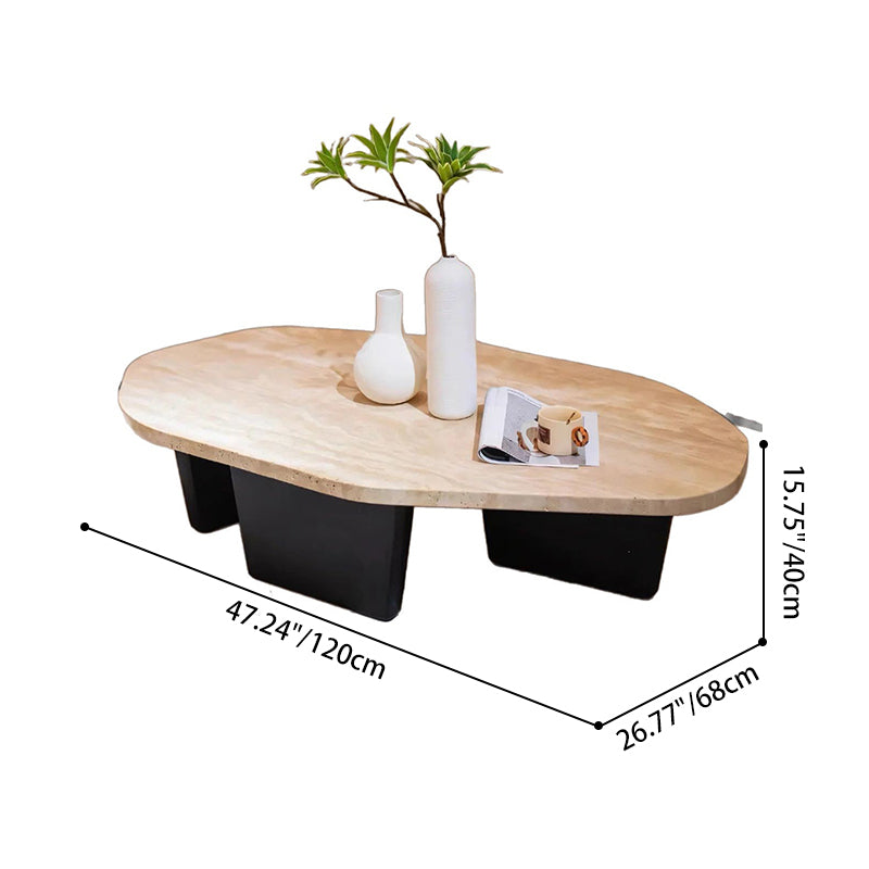 Traditional Japanese Irregular Oval Stone Slab Natural Travertine Wood Coffee Table For Living Room