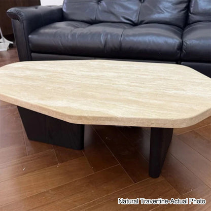 Traditional Japanese Irregular Oval Stone Slab Natural Travertine Wood Coffee Table For Living Room