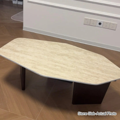 Traditional Japanese Irregular Oval Stone Slab Natural Travertine Wood Coffee Table For Living Room