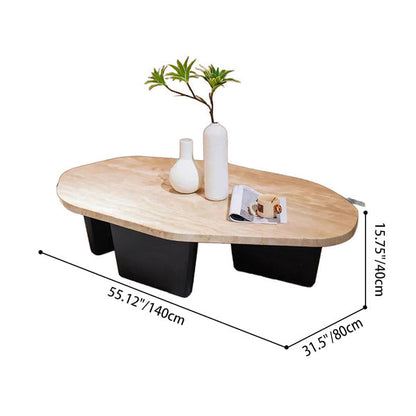Traditional Japanese Irregular Oval Stone Slab Natural Travertine Wood Coffee Table For Living Room
