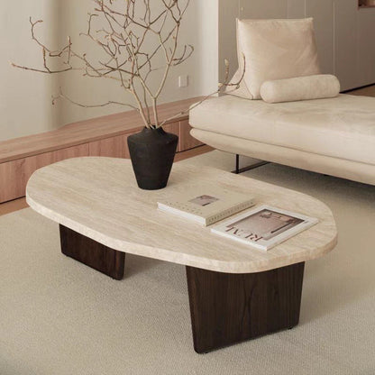 Traditional Japanese Irregular Oval Stone Slab Natural Travertine Wood Coffee Table For Living Room