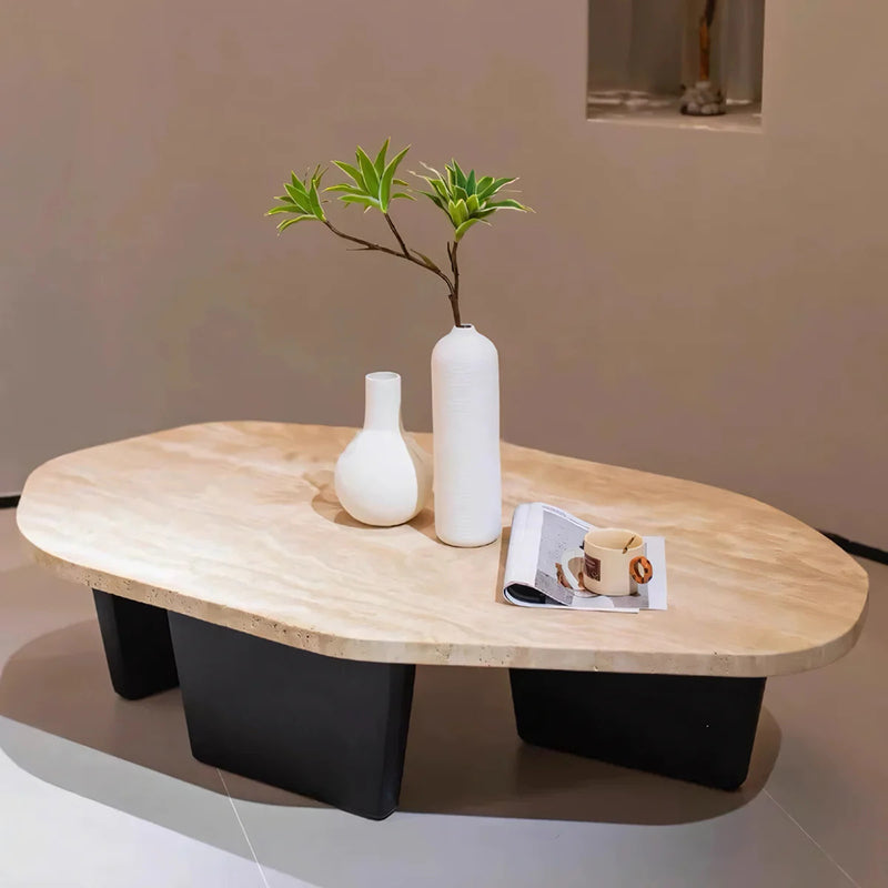 Traditional Japanese Irregular Oval Stone Slab Natural Travertine Wood Coffee Table For Living Room