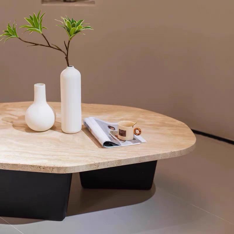 Traditional Japanese Irregular Oval Stone Slab Natural Travertine Wood Coffee Table For Living Room