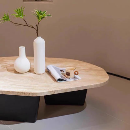 Traditional Japanese Irregular Oval Stone Slab Natural Travertine Wood Coffee Table For Living Room