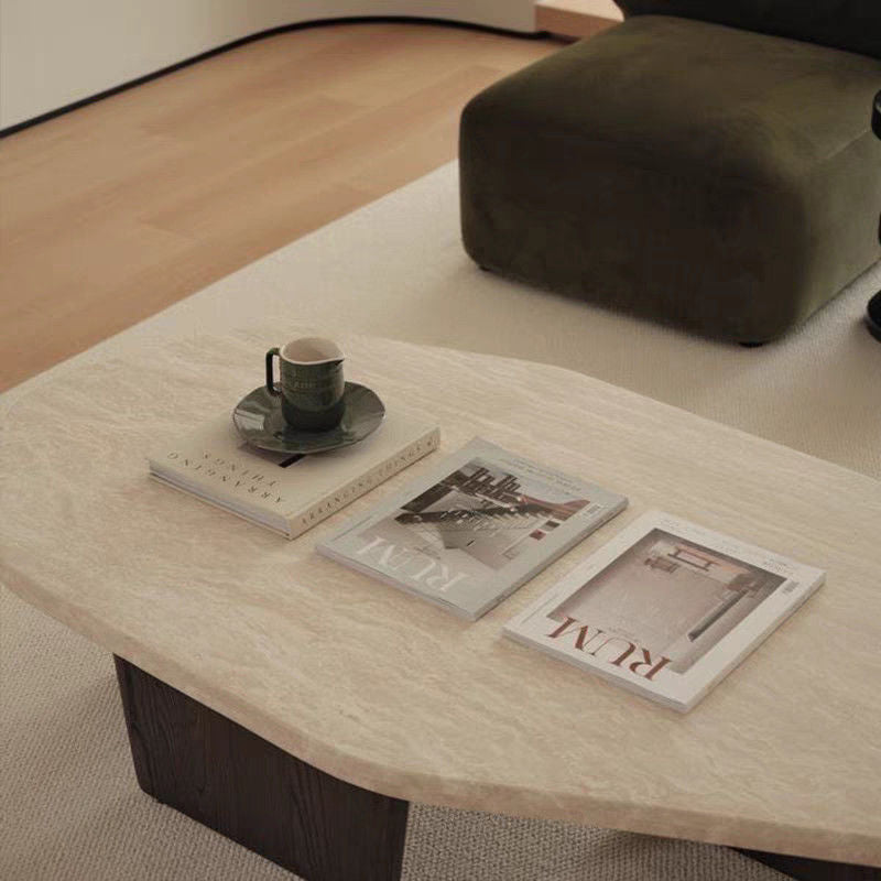 Traditional Japanese Irregular Oval Stone Slab Natural Travertine Wood Coffee Table For Living Room