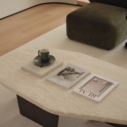 Traditional Japanese Irregular Oval Stone Slab Natural Travertine Wood Coffee Table For Living Room