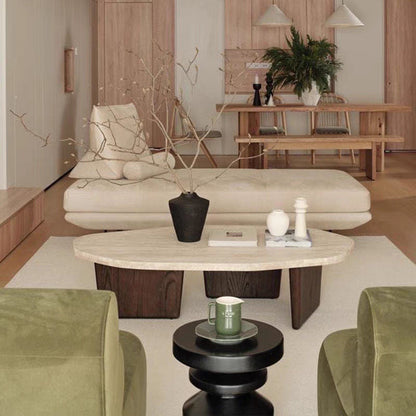 Traditional Japanese Irregular Oval Stone Slab Natural Travertine Wood Coffee Table For Living Room