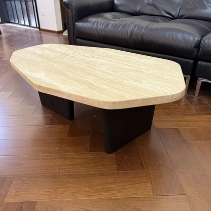Traditional Japanese Irregular Oval Stone Slab Natural Travertine Wood Coffee Table For Living Room