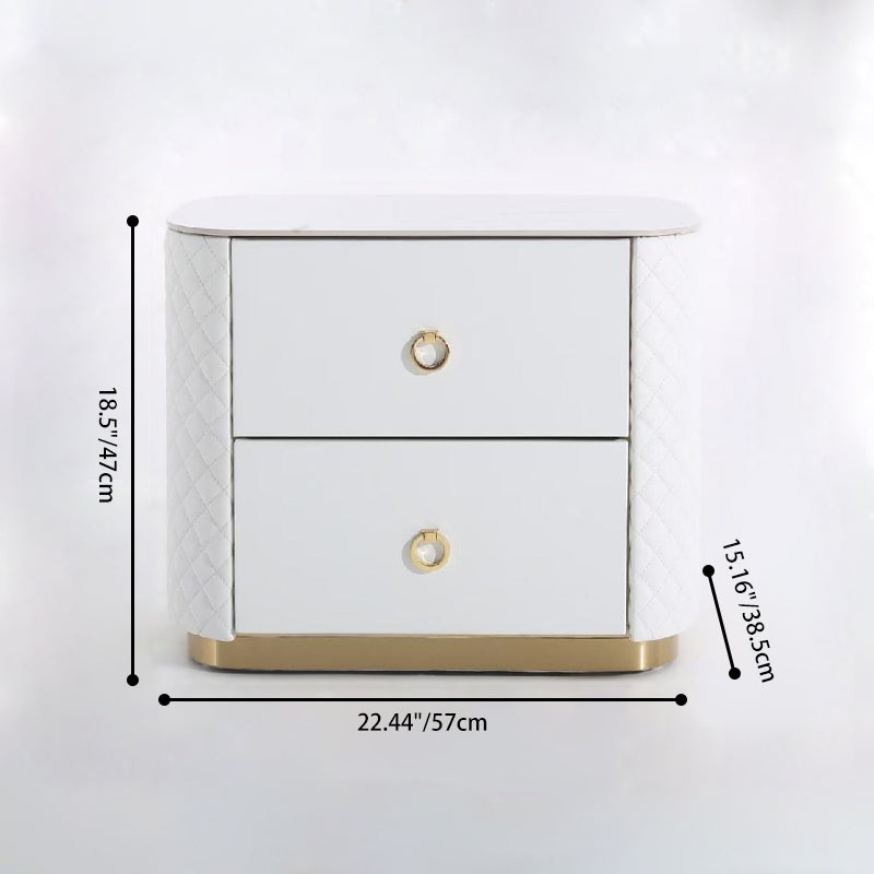 Modern Luxury 2-Drawer Quilted Leather Nightstand - Gold Base & Marble Top Glam Diamond Stitching Bedside Table For Bedroom