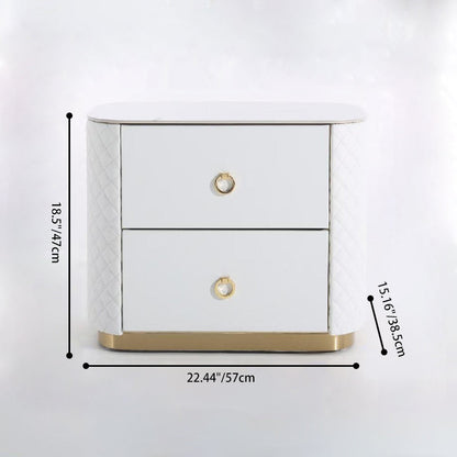 Modern Luxury 2-Drawer Quilted Leather Nightstand - Gold Base & Marble Top Glam Diamond Stitching Bedside Table For Bedroom