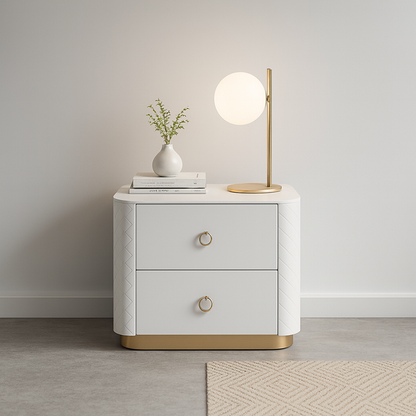 Modern Luxury 2-Drawer Quilted Leather Nightstand - Gold Base & Marble Top Glam Diamond Stitching Bedside Table For Bedroom