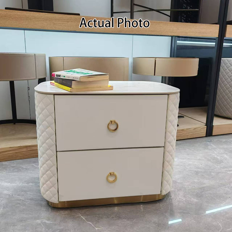 Modern Luxury 2-Drawer Quilted Leather Nightstand - Gold Base & Marble Top Glam Diamond Stitching Bedside Table For Bedroom