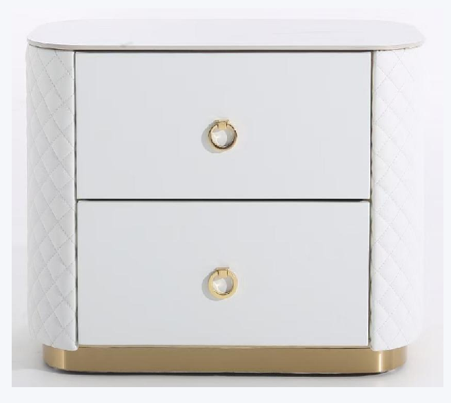 Modern Luxury 2-Drawer Quilted Leather Nightstand - Gold Base & Marble Top Glam Diamond Stitching Bedside Table For Bedroom