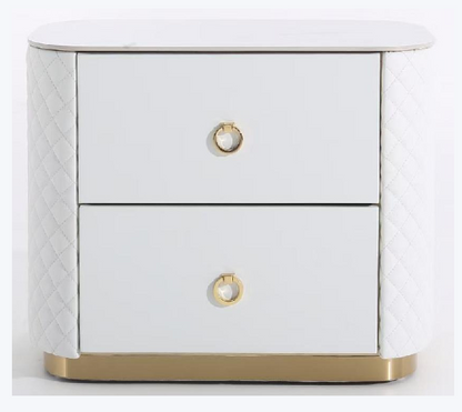 Modern Luxury 2-Drawer Quilted Leather Nightstand - Gold Base & Marble Top Glam Diamond Stitching Bedside Table For Bedroom