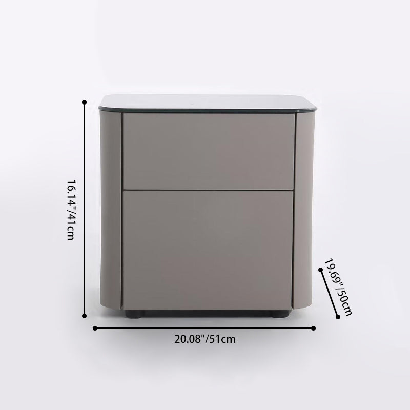 Modern Minimalist 2-Drawer Faux Leather Nightstand - Handleless Design & Black Glass Top Rounded Corner Bedside Table For Bedroom