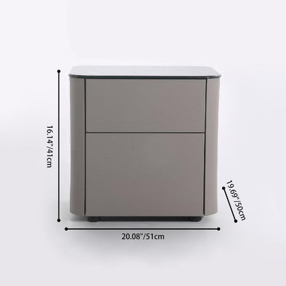 Modern Minimalist 2-Drawer Faux Leather Nightstand - Handleless Design & Black Glass Top Rounded Corner Bedside Table For Bedroom