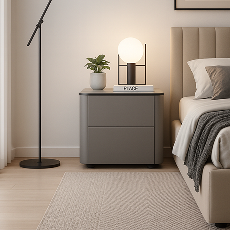 Modern Minimalist 2-Drawer Faux Leather Nightstand - Handleless Design & Black Glass Top Rounded Corner Bedside Table For Bedroom