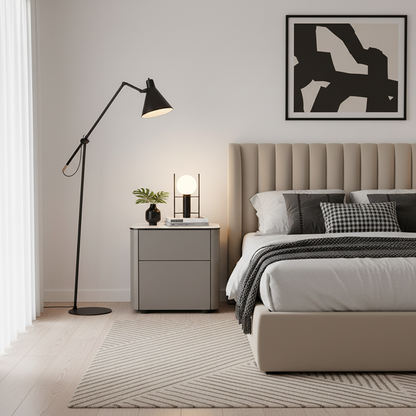 Modern Minimalist 2-Drawer Faux Leather Nightstand - Handleless Design & Black Glass Top Rounded Corner Bedside Table For Bedroom