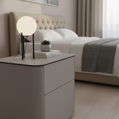 Modern Minimalist 2-Drawer Faux Leather Nightstand - Handleless Design & Black Glass Top Rounded Corner Bedside Table For Bedroom