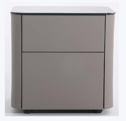Modern Minimalist 2-Drawer Faux Leather Nightstand - Handleless Design & Black Glass Top Rounded Corner Bedside Table For Bedroom