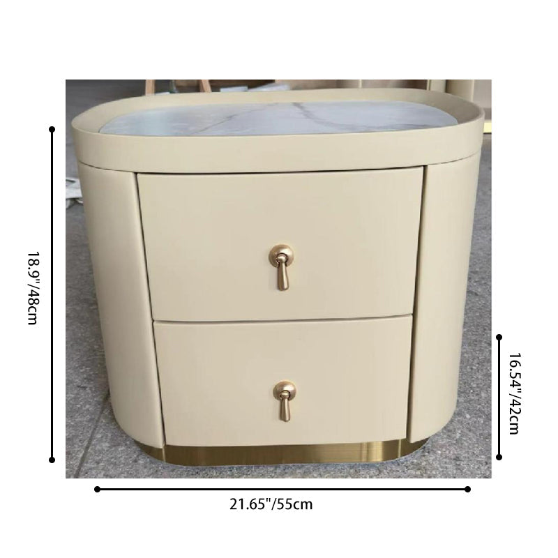 Contemporary Luxury 2-Drawer Oval Faux Leather Nightstand - Marble Top & Brass Pulls Retro Chic Gold Base Bedside Table For Bedroom