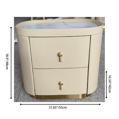 Contemporary Luxury 2-Drawer Oval Faux Leather Nightstand - Marble Top & Brass Pulls Retro Chic Gold Base Bedside Table For Bedroom