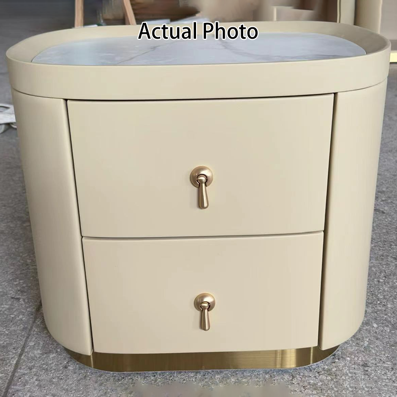 Contemporary Luxury 2-Drawer Oval Faux Leather Nightstand - Marble Top & Brass Pulls Retro Chic Gold Base Bedside Table For Bedroom