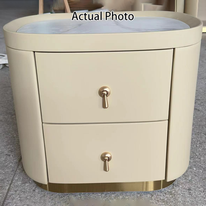 Contemporary Luxury 2-Drawer Oval Faux Leather Nightstand - Marble Top & Brass Pulls Retro Chic Gold Base Bedside Table For Bedroom