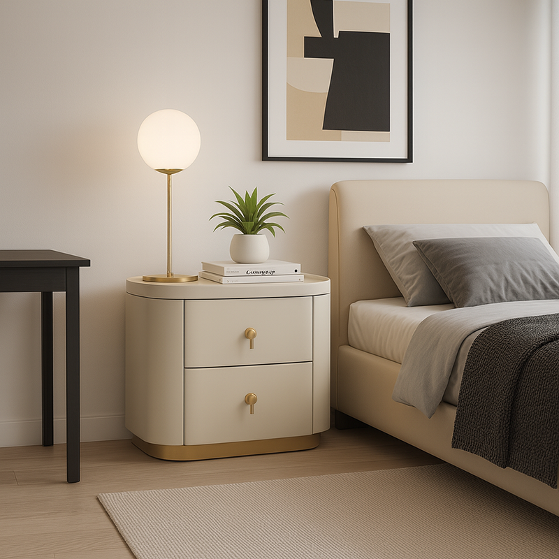 Contemporary Luxury 2-Drawer Oval Faux Leather Nightstand - Marble Top & Brass Pulls Retro Chic Gold Base Bedside Table For Bedroom