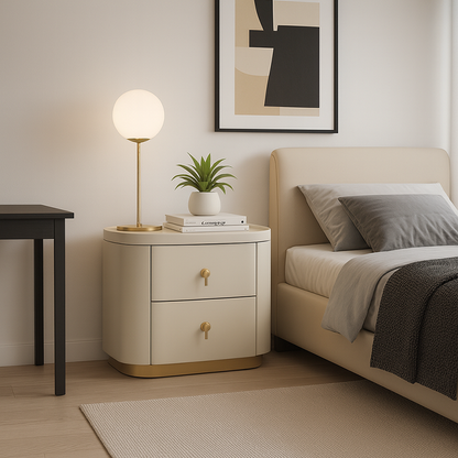 Contemporary Luxury 2-Drawer Oval Faux Leather Nightstand - Marble Top & Brass Pulls Retro Chic Gold Base Bedside Table For Bedroom