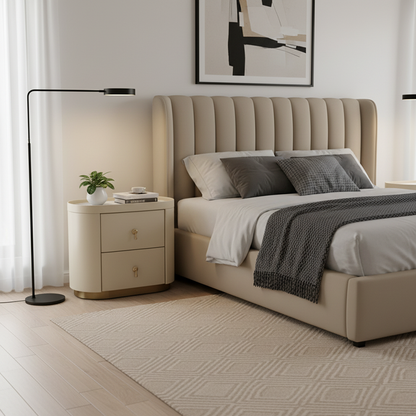Contemporary Luxury 2-Drawer Oval Faux Leather Nightstand - Marble Top & Brass Pulls Retro Chic Gold Base Bedside Table For Bedroom