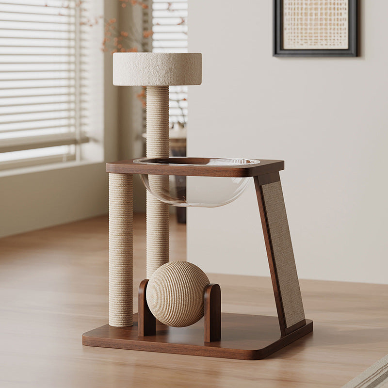 Contemporary Scandinavian Round Rubberwood Solid Wood Acrylic Multi-Functional Cat Tree For Living Room