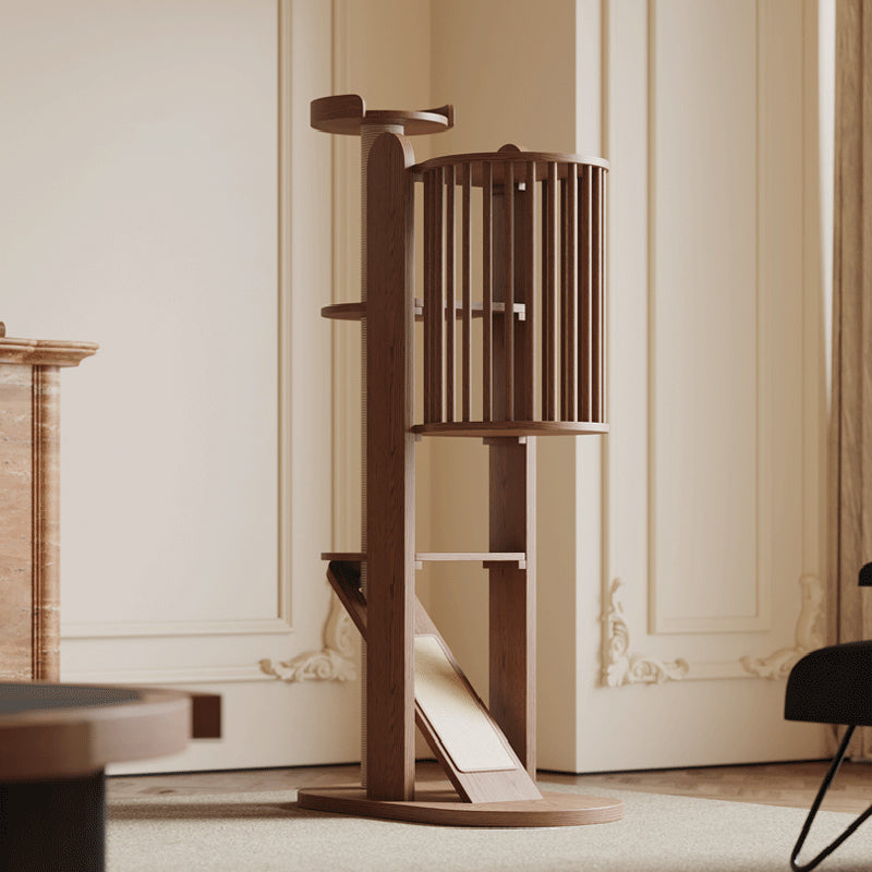 Traditional Vintage Cylinder Rubberwood Sisal Multi-Functional Cat Tree For Living Room