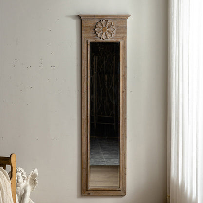 Traditional Vintage Rectangular Distressed Finish Glass Fir Wood Carved Flower Accent Full-Length Mirror For Bedroom