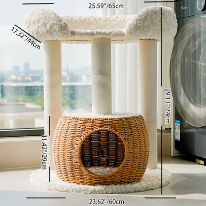 Contemporary Scandinavian Round Medium-Density Fiberboard Velvet Fabric Sisal Multi-Functional Cat Tree For Living Room