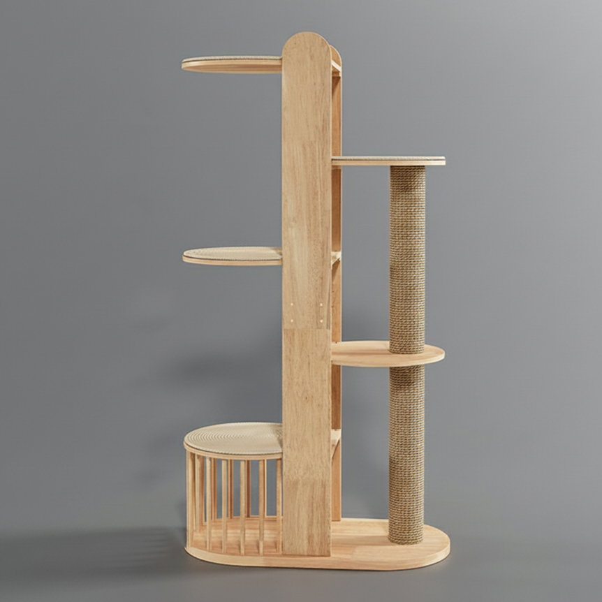 Contemporary Creative Cylindrical Rubberwood Acrylic Sisal Multi-Functional Cat Tree For Living Room