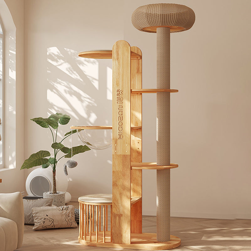 Contemporary Creative Cylindrical Rubberwood Acrylic Sisal Multi-Functional Cat Tree For Living Room