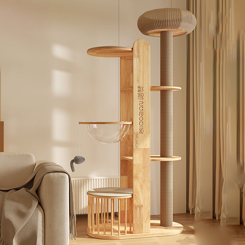 Contemporary Creative Cylindrical Rubberwood Acrylic Sisal Multi-Functional Cat Tree For Living Room