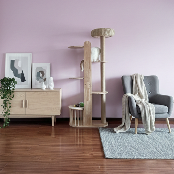 Contemporary Creative Cylindrical Rubberwood Acrylic Sisal Multi-Functional Cat Tree For Living Room