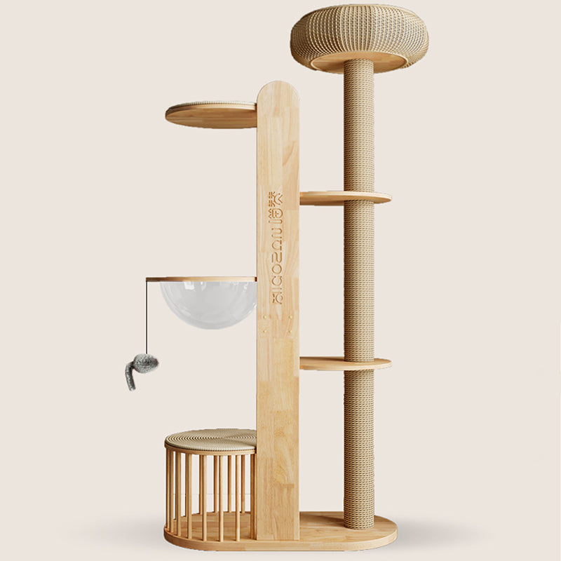 Contemporary Creative Cylindrical Rubberwood Acrylic Sisal Multi-Functional Cat Tree For Living Room