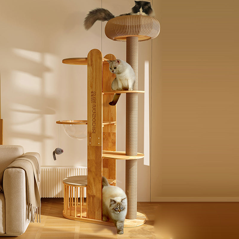 Contemporary Creative Cylindrical Rubberwood Acrylic Sisal Multi-Functional Cat Tree For Living Room