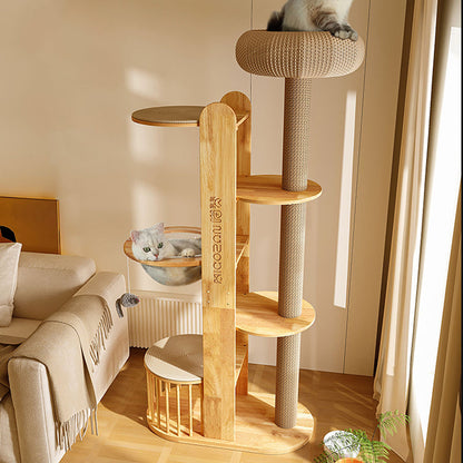 Contemporary Creative Cylindrical Rubberwood Acrylic Sisal Multi-Functional Cat Tree For Living Room