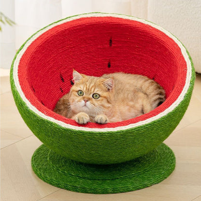 Contemporary Creative Round Watermelon-Shaped Sisal Multi-Functional Cat Bed For Bedroom