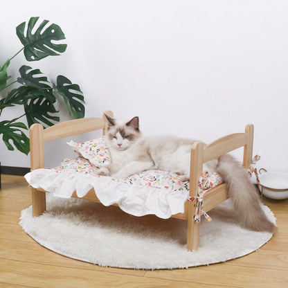 Contemporary Scandinavian Rectangular Pine Wood Printed Fabric Cat Bed For Bedroom